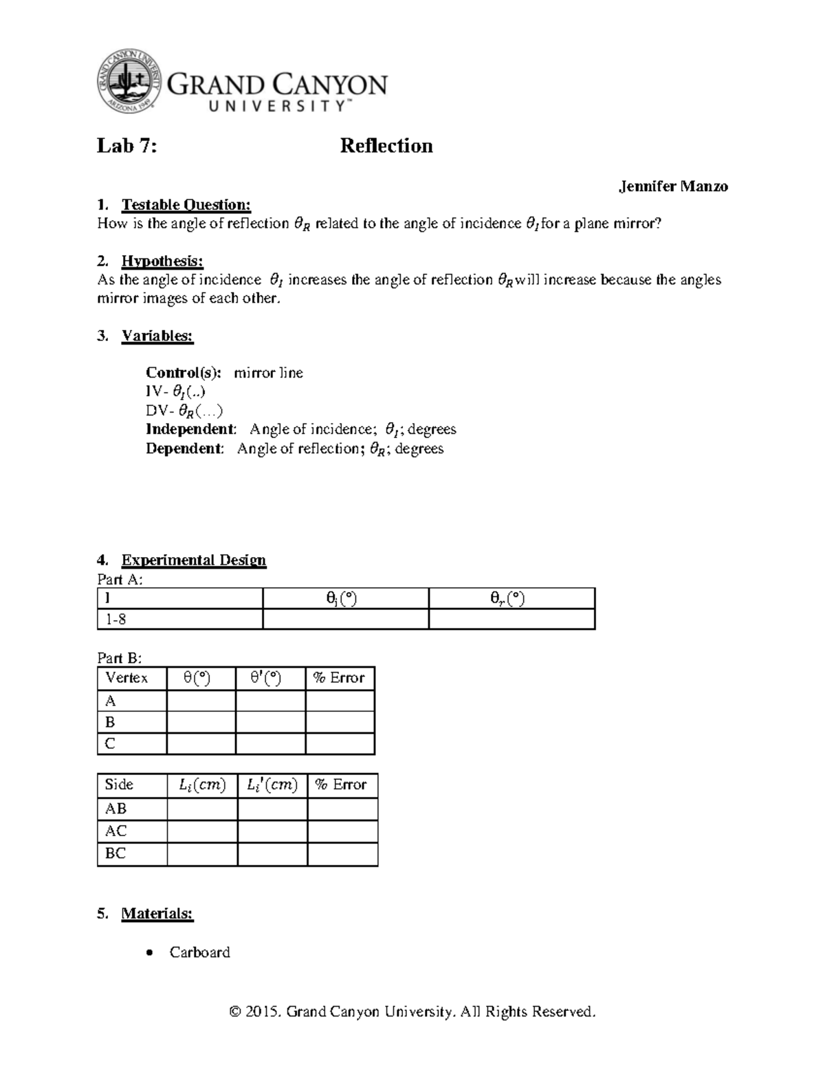 Phy112l - Lab 7: Reflection Angles and Their Relationship - Studocu