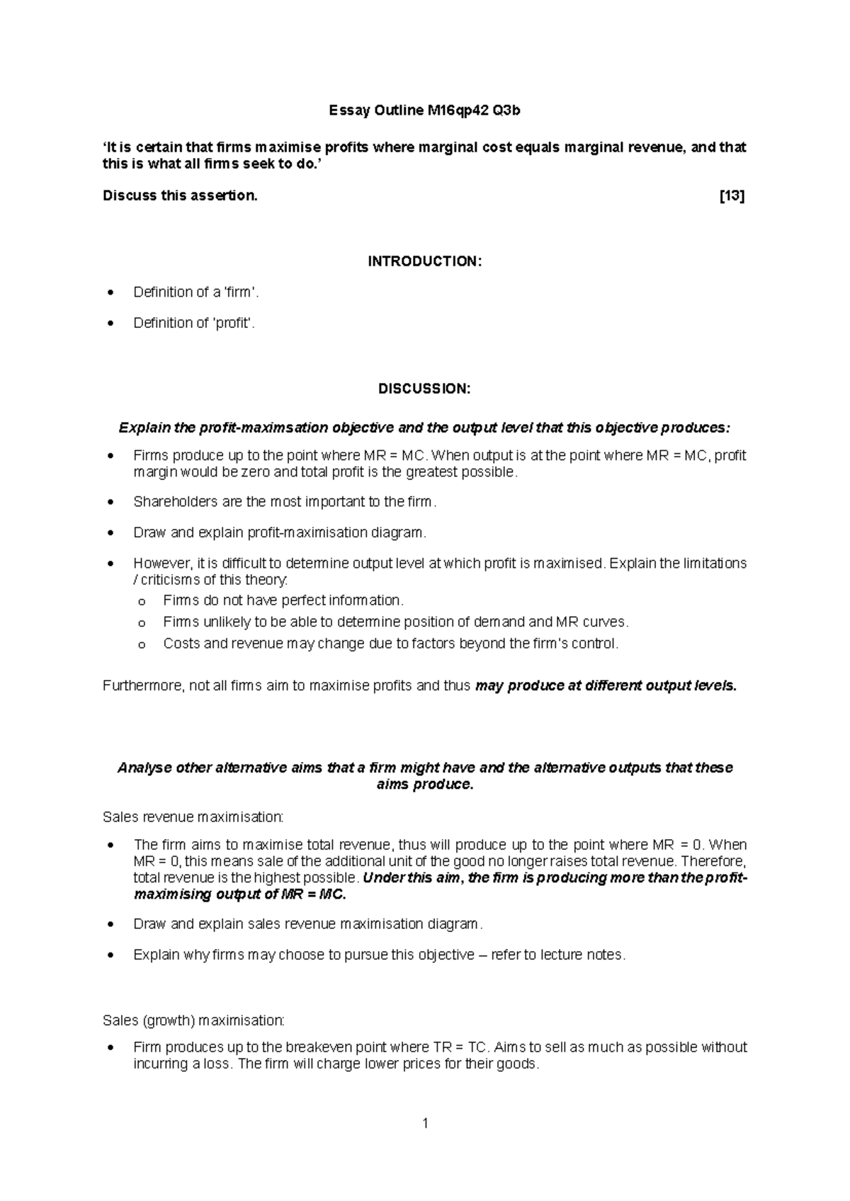 Econs A2 Essay Notes - Marginal Utility, Profit Maximization & Market ...