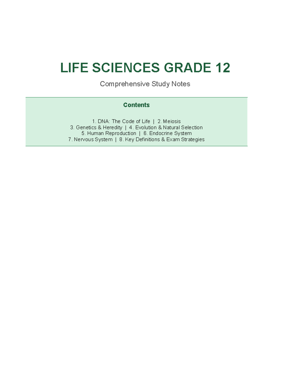 LIFE SCIENCES GRADE 12 Comprehensive Study Notes for Exams - Studocu