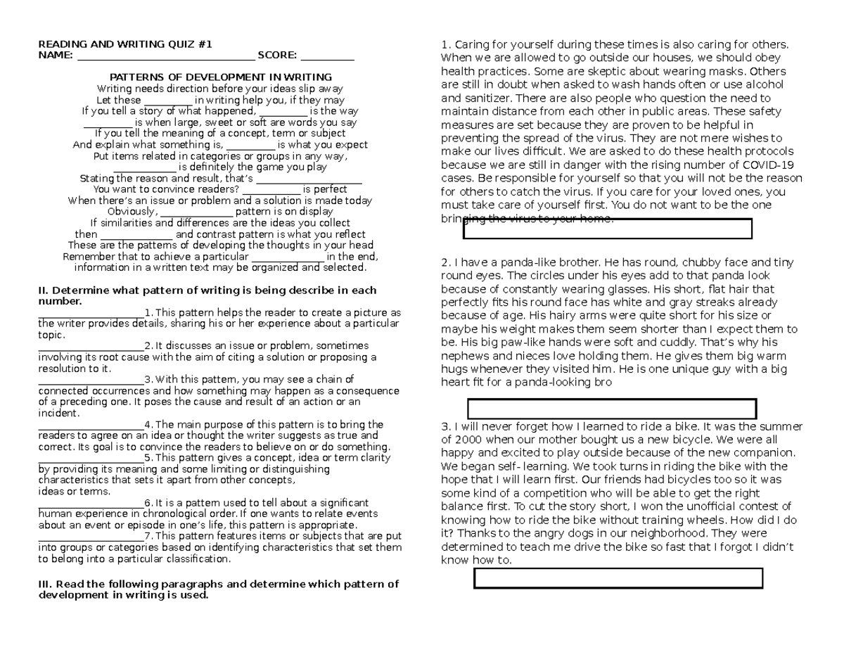 Reading and Writing Quiz: Patterns of Development in Writing - Studocu