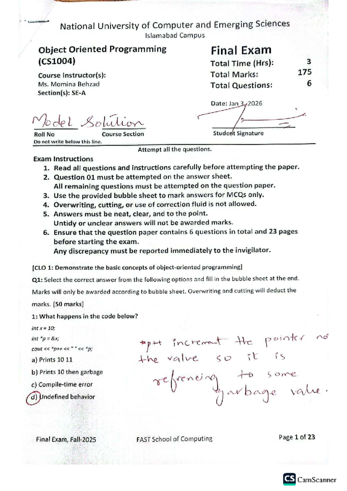 OOP Final Exam Model Solutions (CS1004) - Fall 2025 - Studocu
