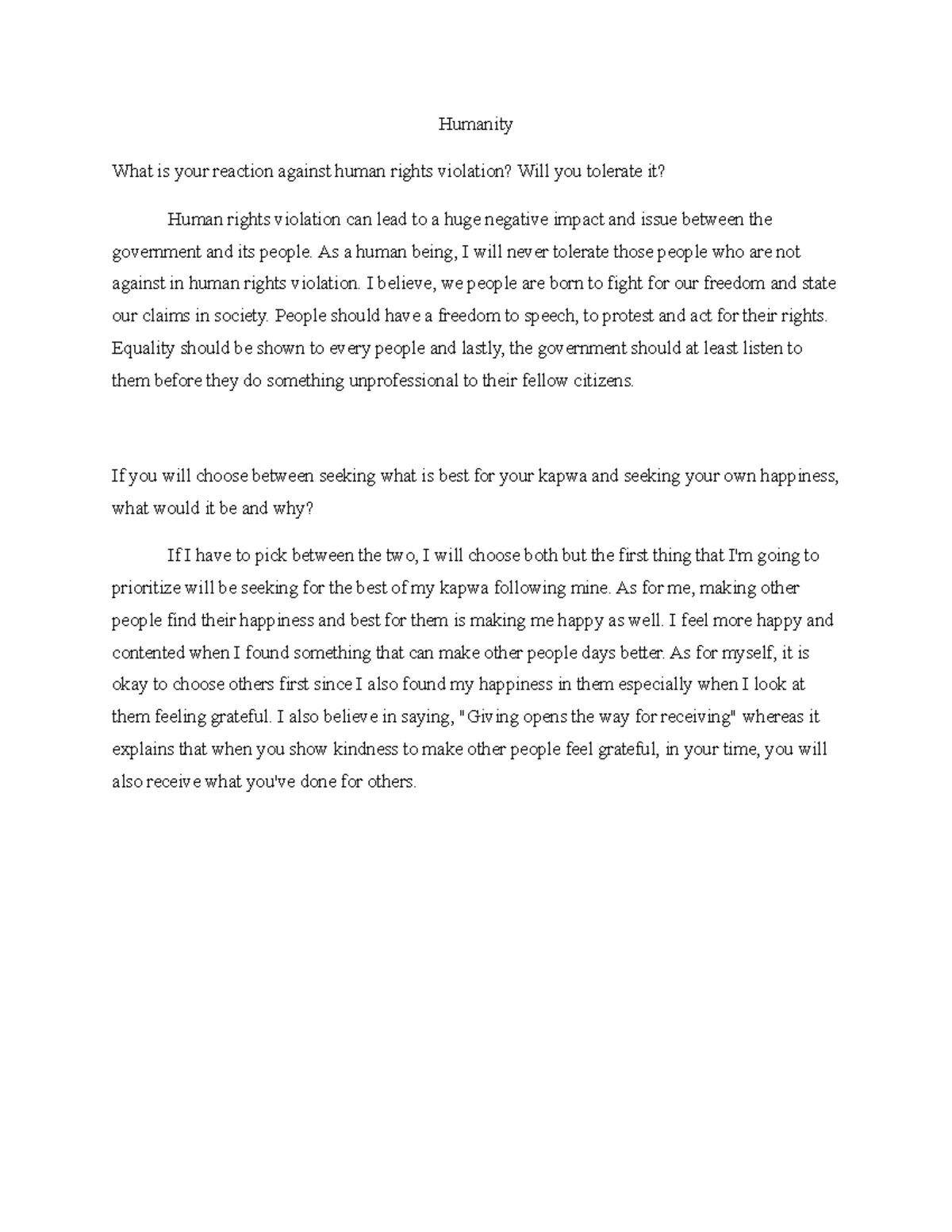 Reflection Paper about Humanity - Humanity What is your reaction ...