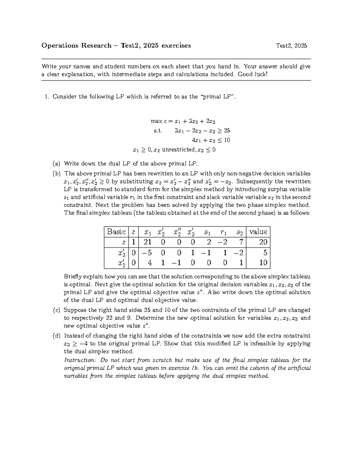 Operations Research - Test 2, 2025 Exercises and Solutions - Studeersnel