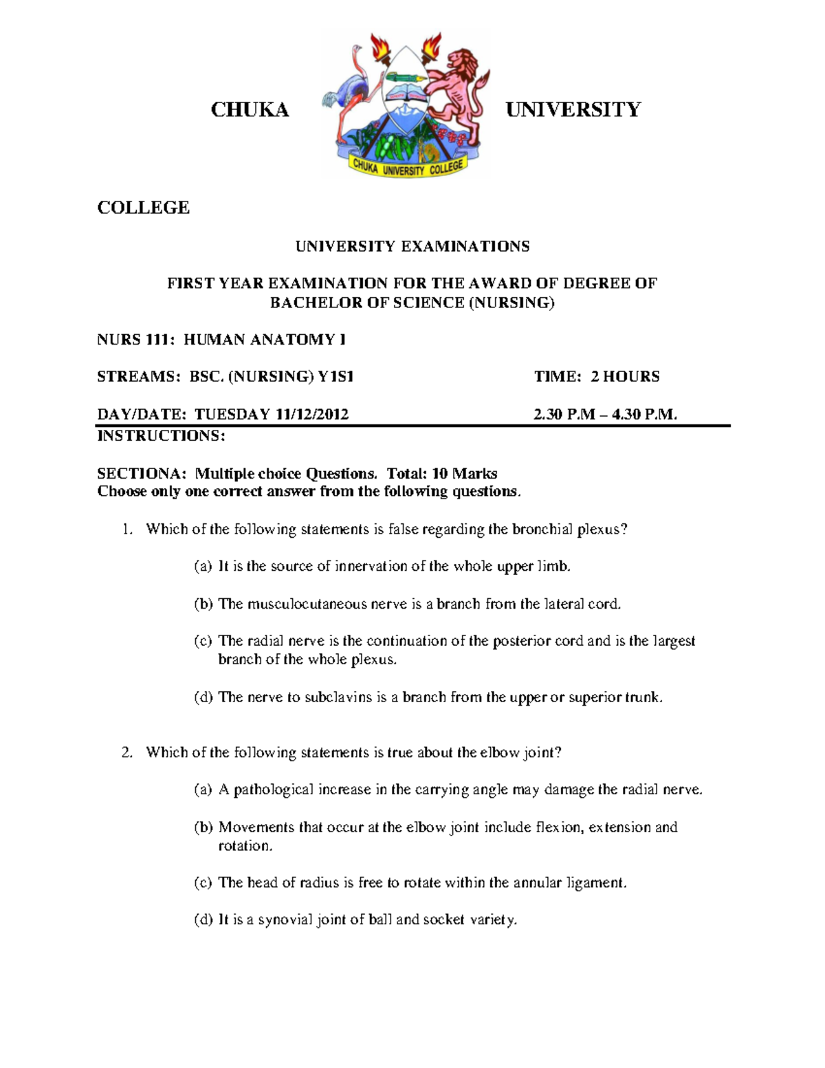 NURS 111 - Human Anatomy I Final Exam Questions and Answers - Studocu