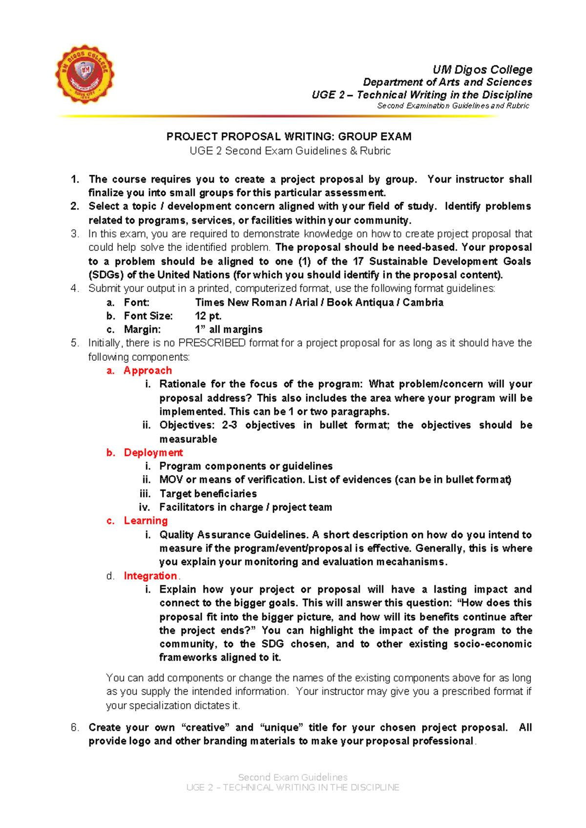 UGE 2 Technical Writing Project Proposal Guidelines for Second Exam ...