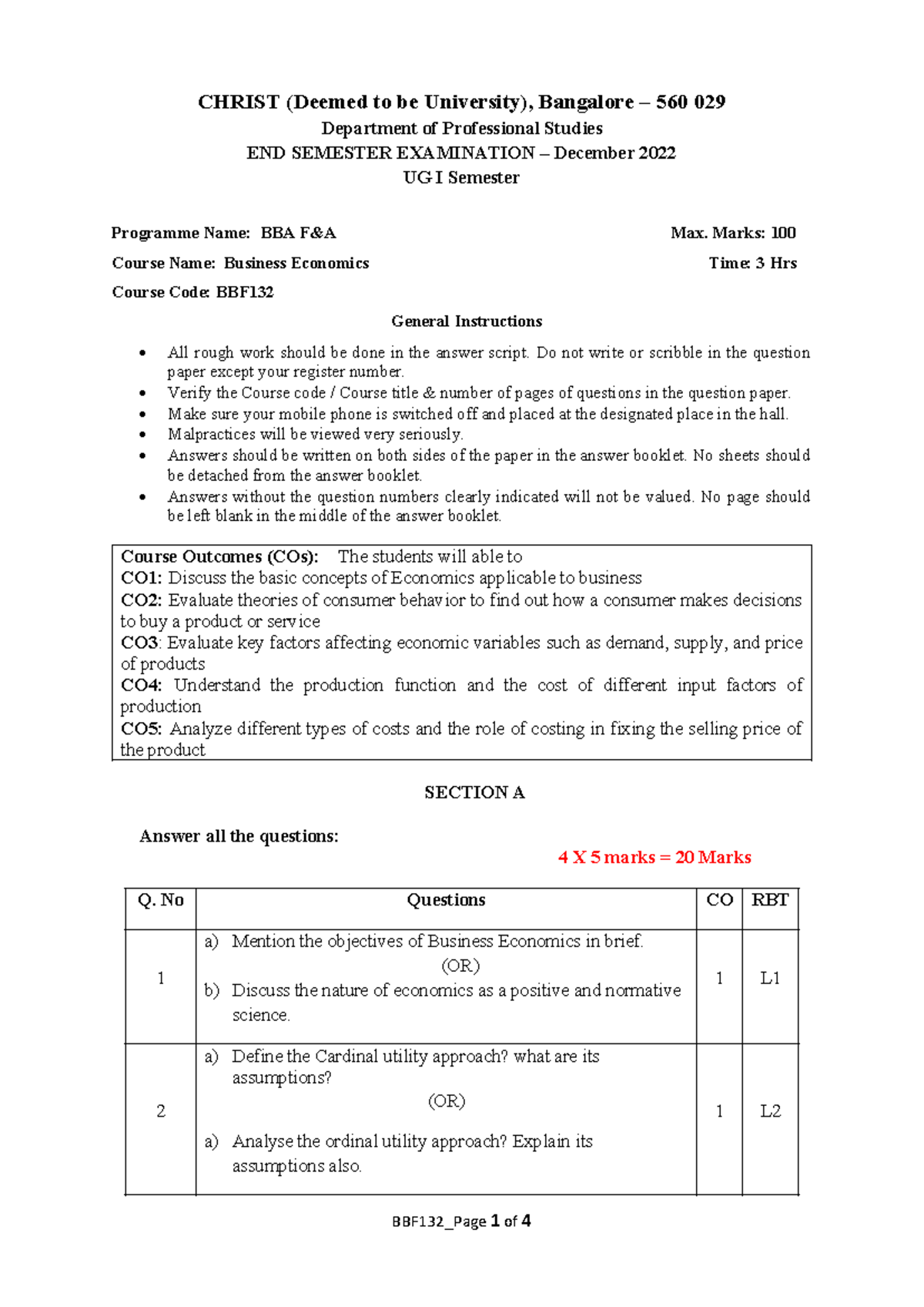 BBA F&A Business Economics End Semester Exam Question Paper - Dec 2022 ...