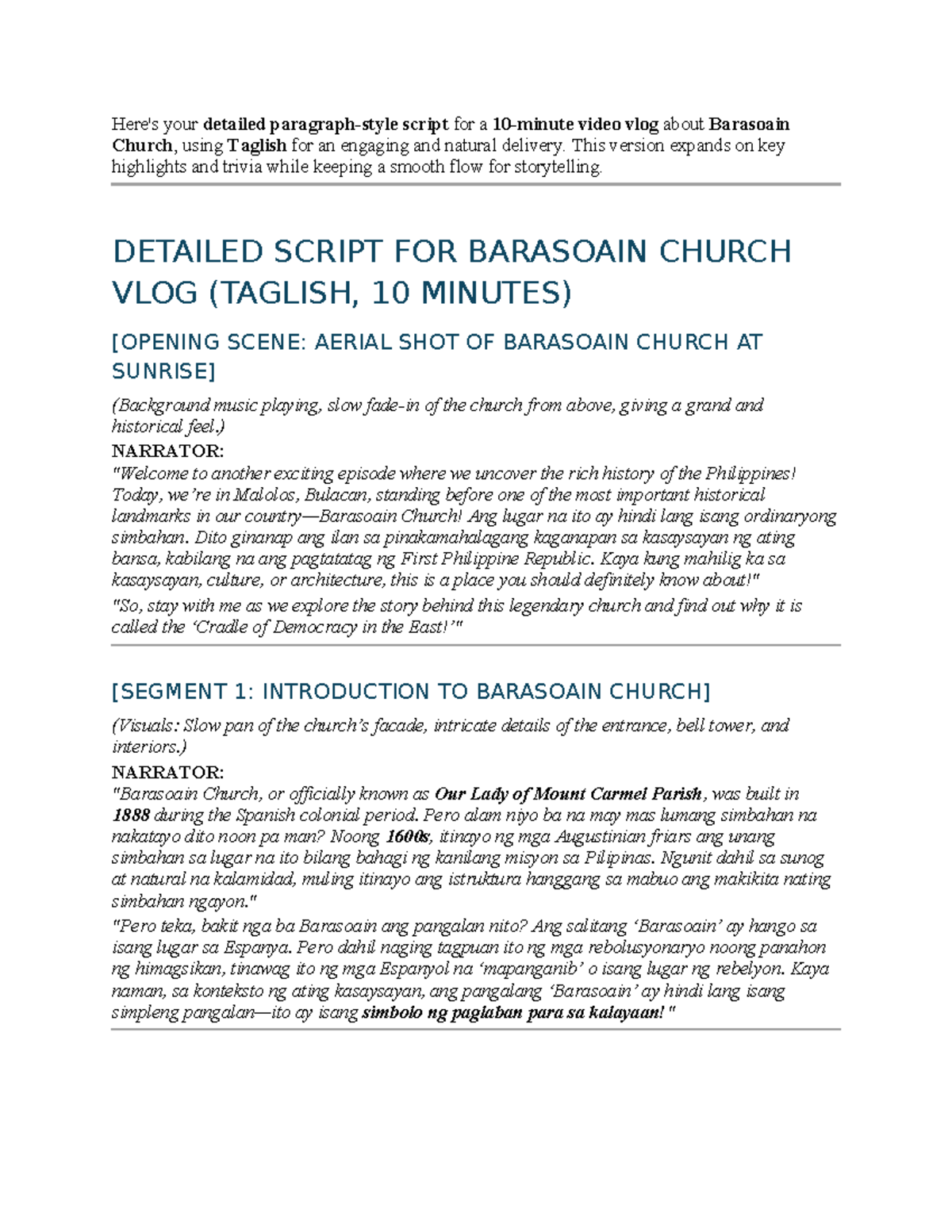 RPH Finals - Vlog Script: Barasoain Church History in Taglish - Studocu