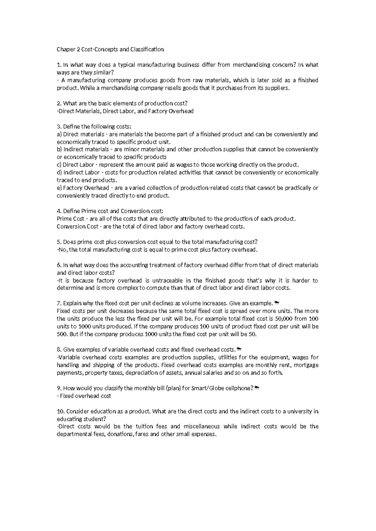 Chapter 2 Cost Concepts and Classifications - Summary and Problems ...