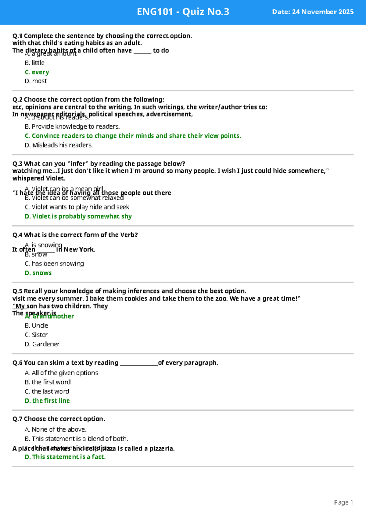 ENG101 Quiz No. 3 - Key Questions and Answers - Studocu