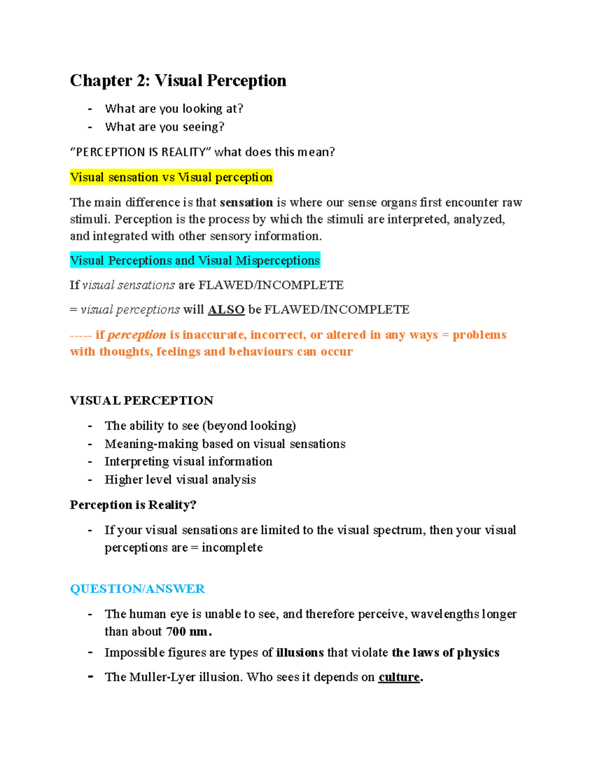 Chapter 2 notes - Chapter 2: Visual Perception - What are you looking ...