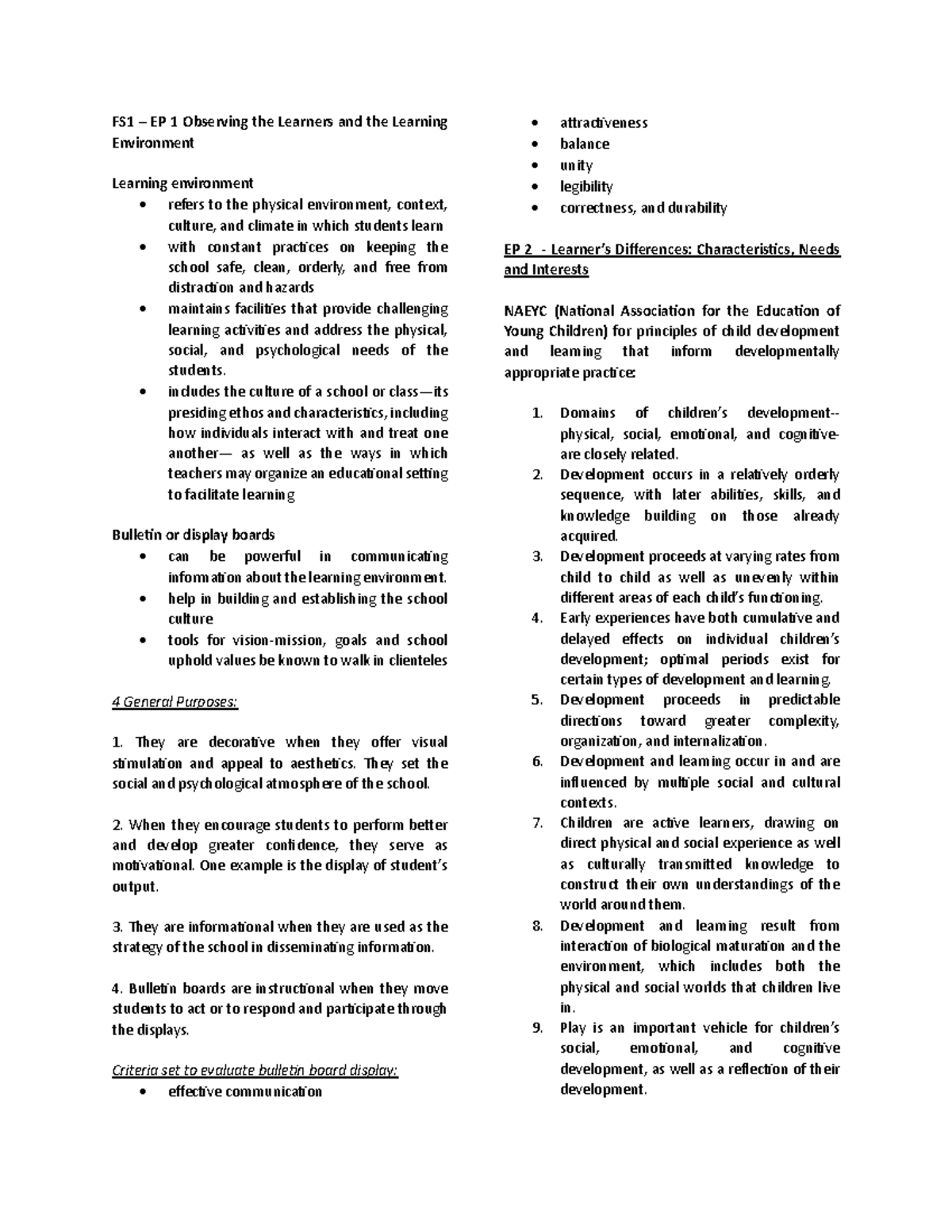 FS 1 Episode 1 10 - FS NOTES - FS1 – EP 1 Observing the Learners and ...