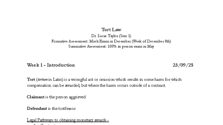 Tort Law LAW5001 - Lecture Notes for Semester 1 Exam Preparation - Studocu