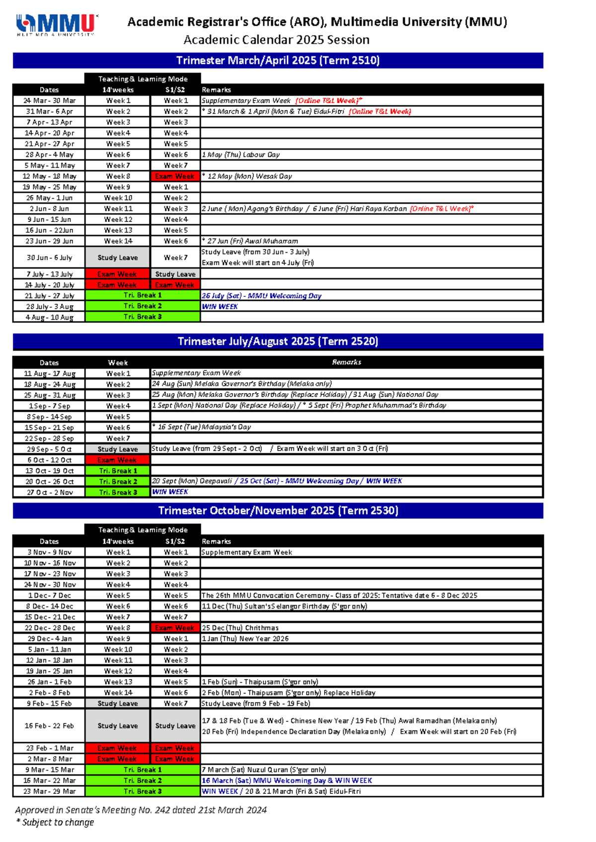 Academic Calendar 2025 Multimedia University (MMU) Session Studocu