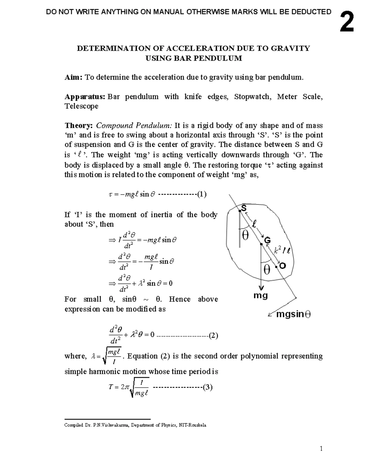 Determination of Acceleration due to Gravity - Exp 01 (121ME0464) - Studocu