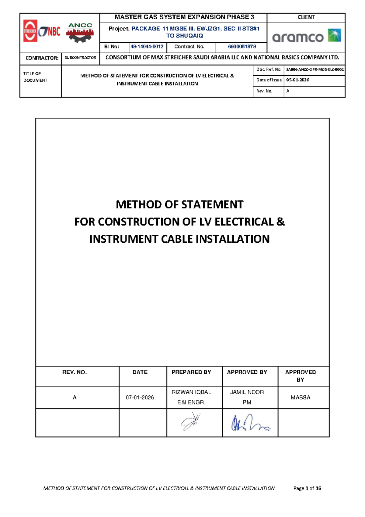 Method Statement for LV Electrical & Instrument Cable Installation ...