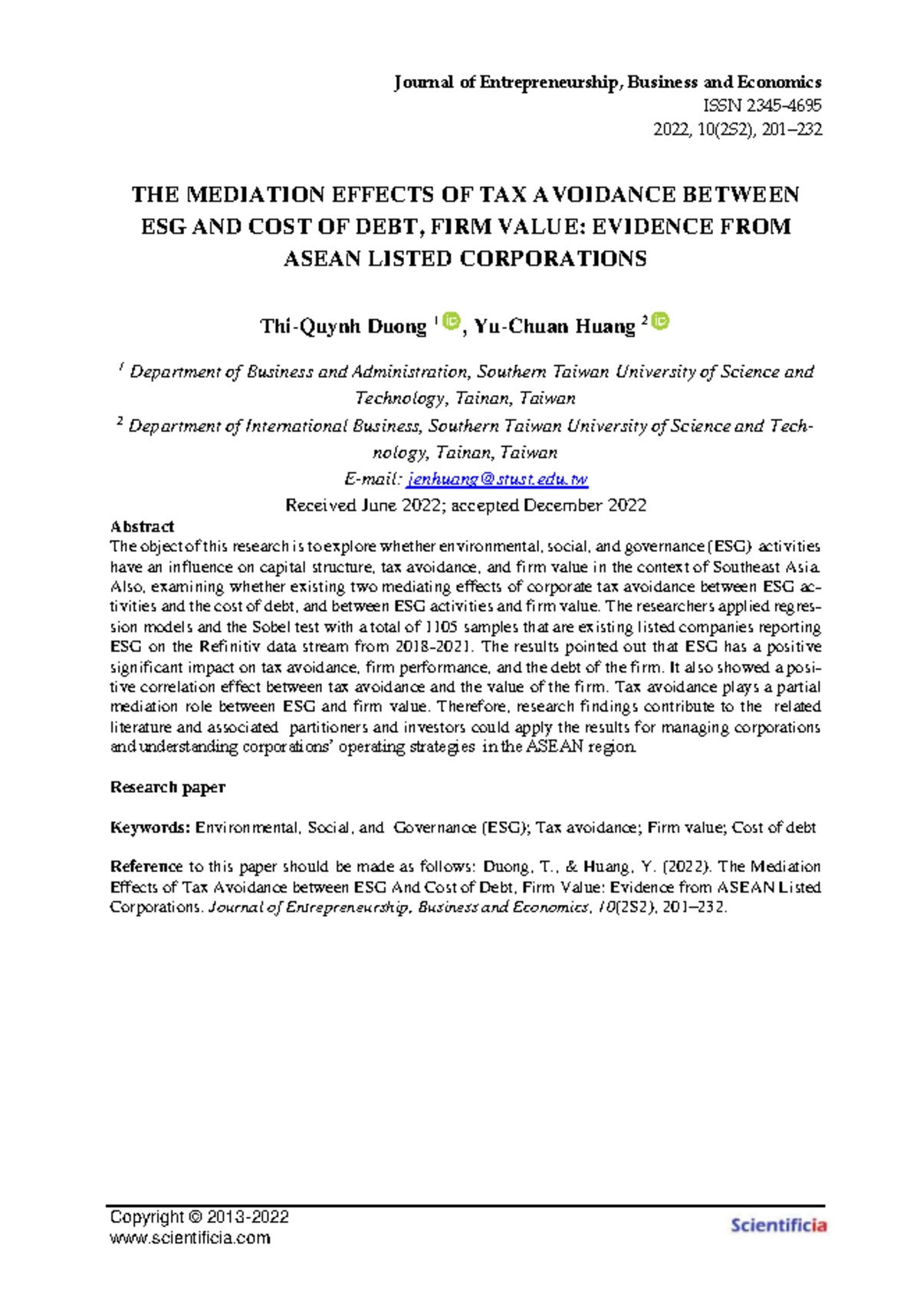 The Mediation Effects of Tax Avoidance on ESG and Firm Value in ASEAN ...