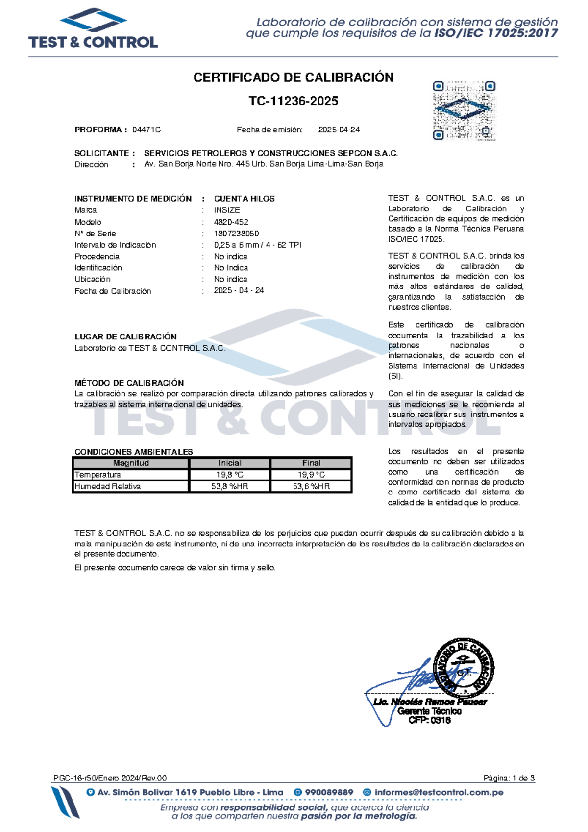 Certificado de Calibración Proforma 04471C - Cuenta Hilos TC-11236-2025 - Document Preview