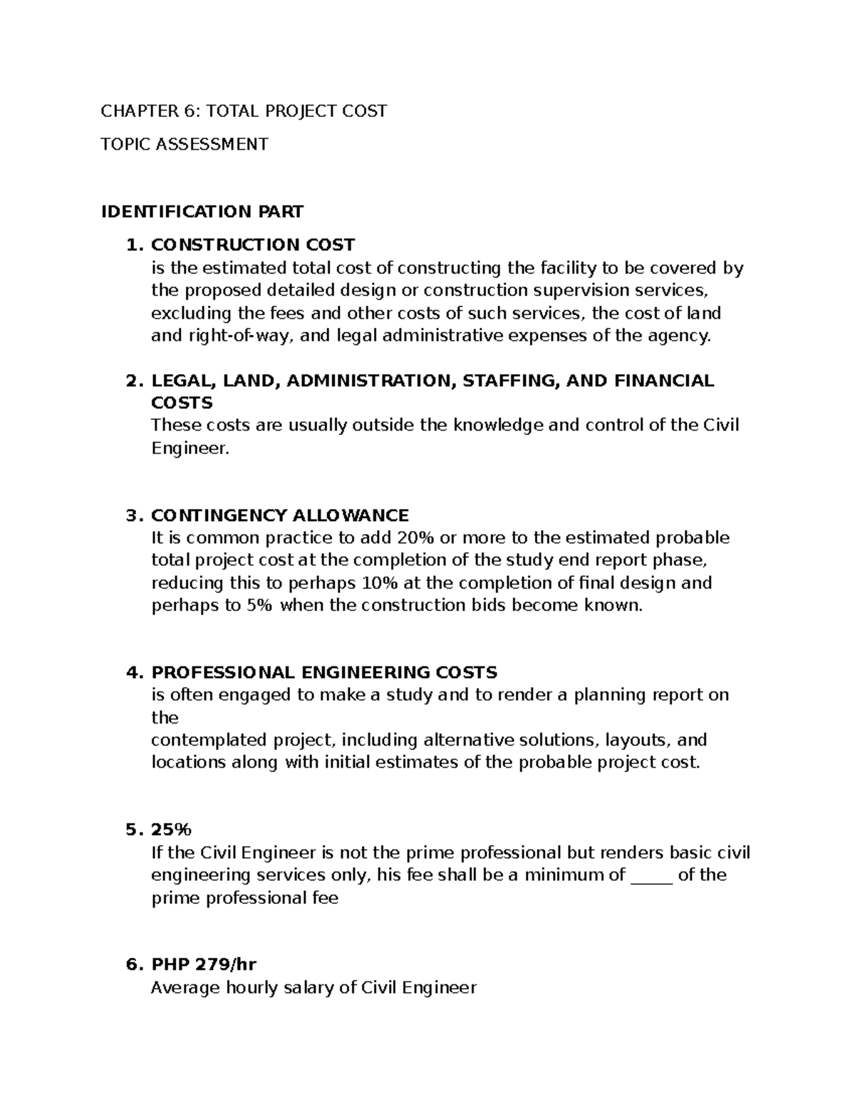 CHAPTER 6: TOTAL PROJECT COST ASSESSMENT & CONSTRUCTION EXPENSES - Studocu