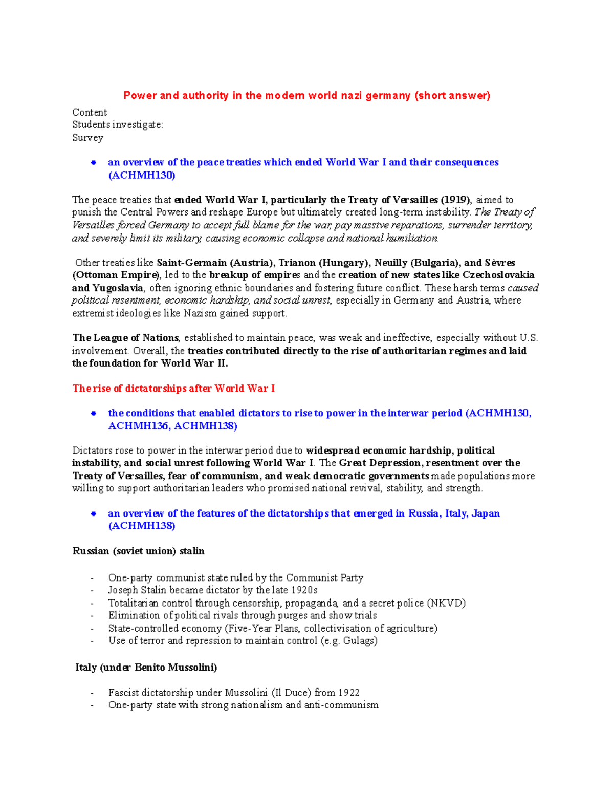 Power and Authority in Modern History: Nazi Germany Overview (ACHMH130 ...