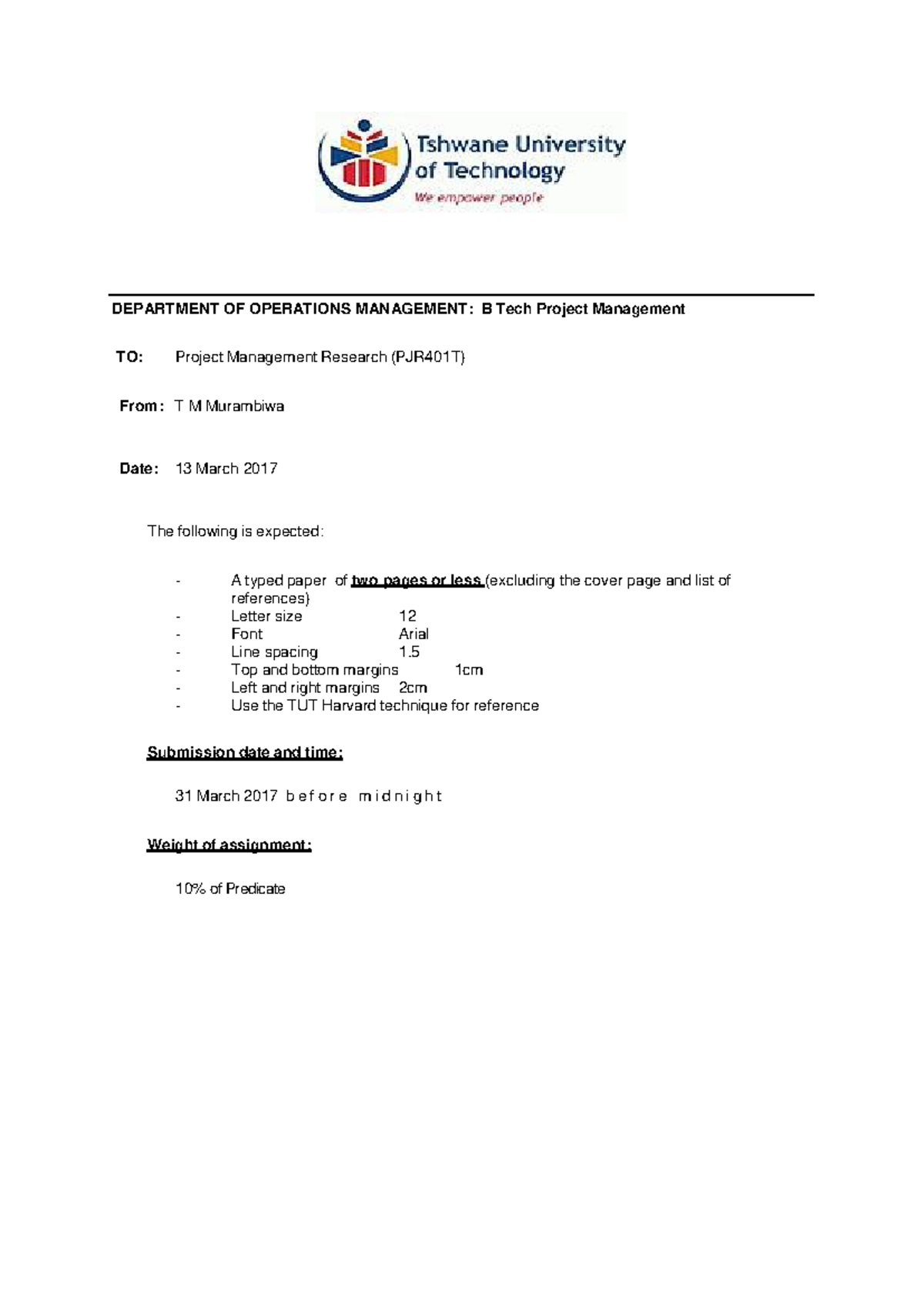 Assignment instruction - DEPARTMENT OF OPERATIONS MANAGEMENT: B Tech ...