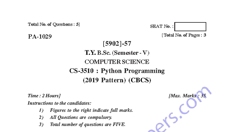 T.Y. B.Sc. (Sem V) CS: Python Programming Exam Questions (2019 Pattern ...