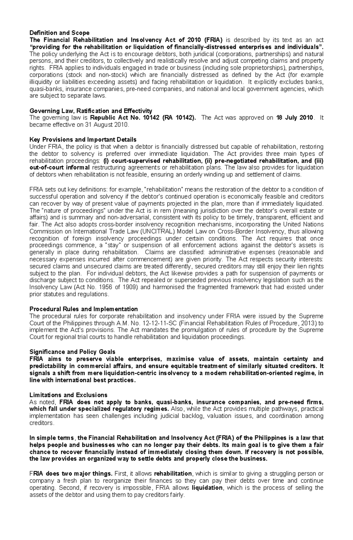 FRIA 2010: Comprehensive Review of Financial Rehabilitation ...