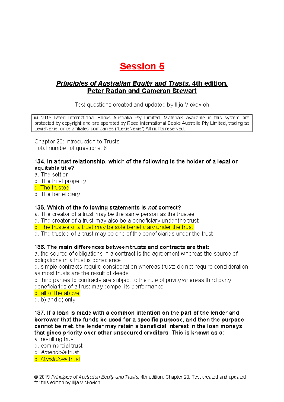 Equity Quiz S5: Introduction to Trusts - Test Questions & Answers - Studocu