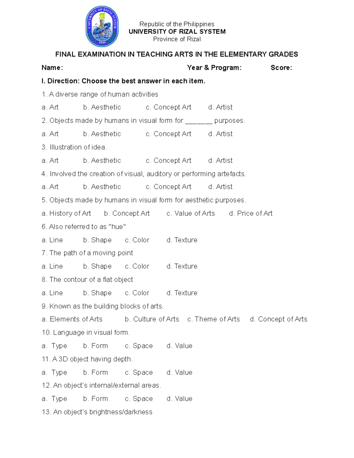 Teaching Arts in Elementary Grades: Final Exam Review (EDUC 101) - Studocu