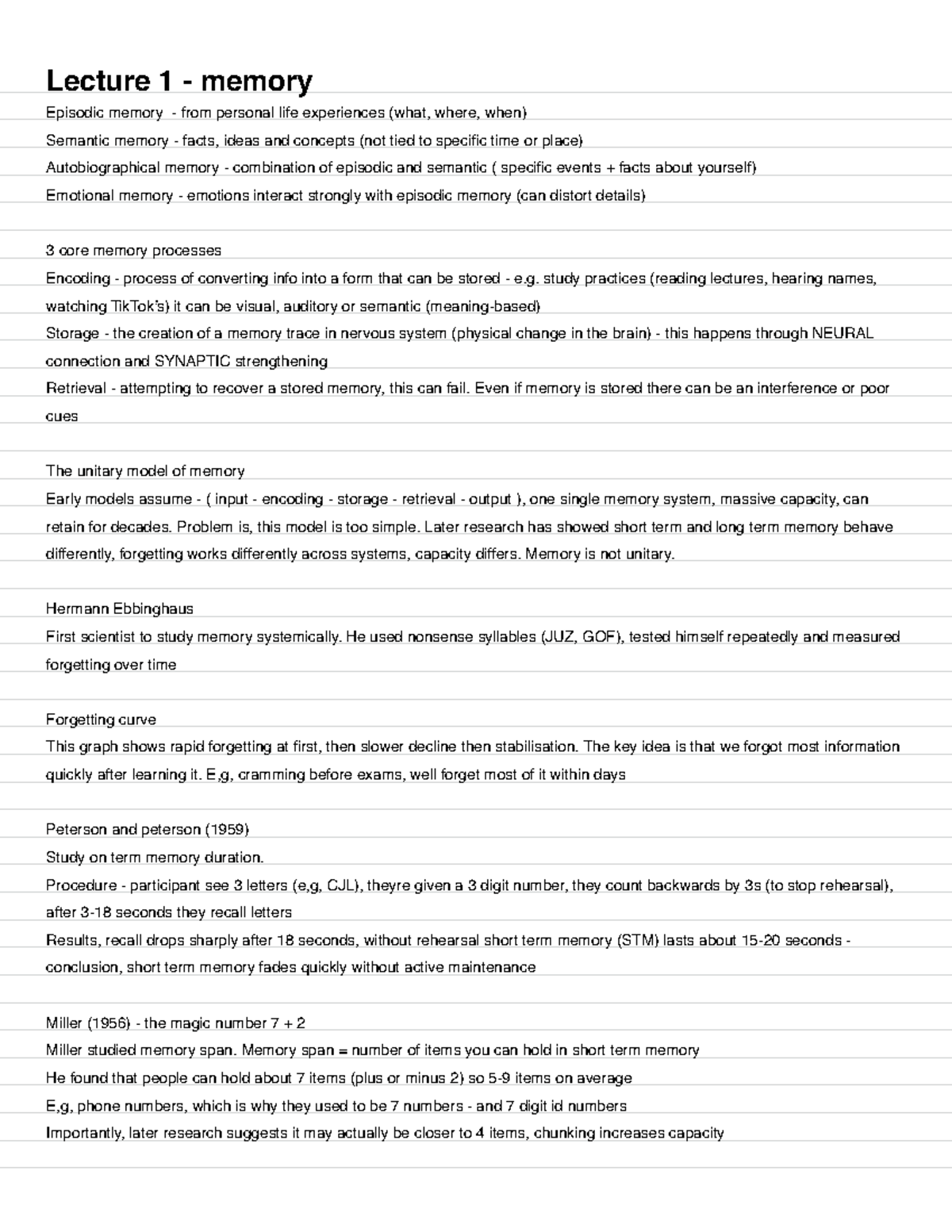 PSYC111 - Lecture Notes on Memory: Types, Processes, and Distortions ...
