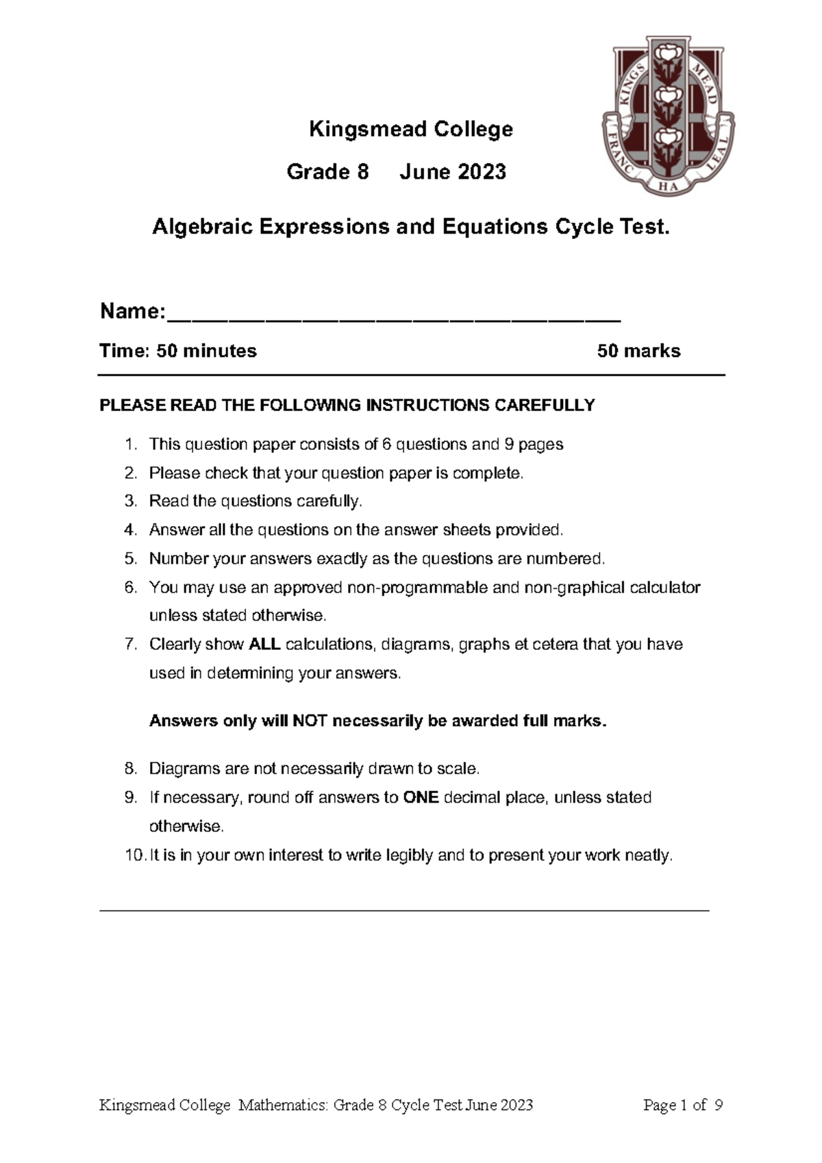 Grade 8 Algebraic Expressions & Equations Cycle Test 2023 - Studocu