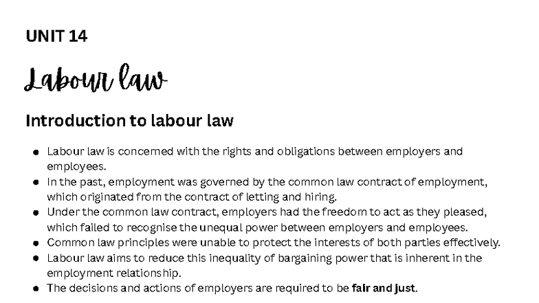 BER 220 Unit 14 - Introduction to Labour Law and Rights - Studocu