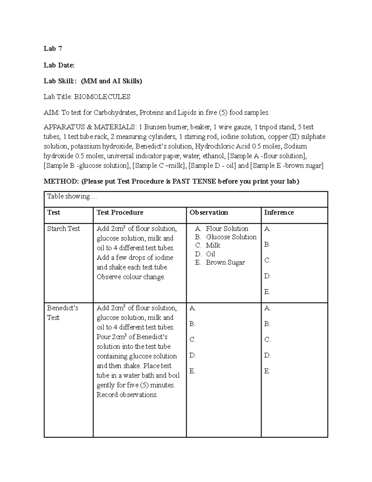 Lab 7: Food Test for Carbohydrates, Proteins, and Lipids - Studocu