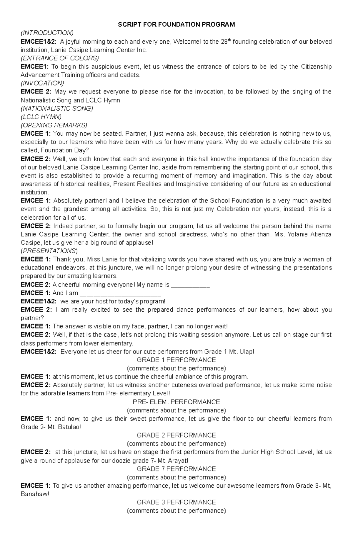 Foundation Day Script for LCLC Celebration Event - Studocu