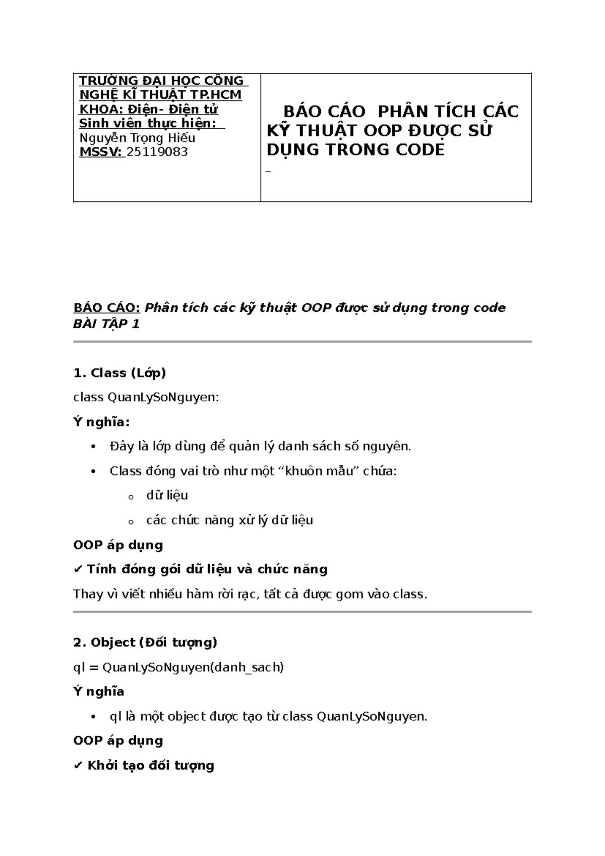 BÁO CÁO PHÂN TÍCH KỸ THUẬT OOP TRONG CODE BT1 - MSSV: 25119083 - Studocu