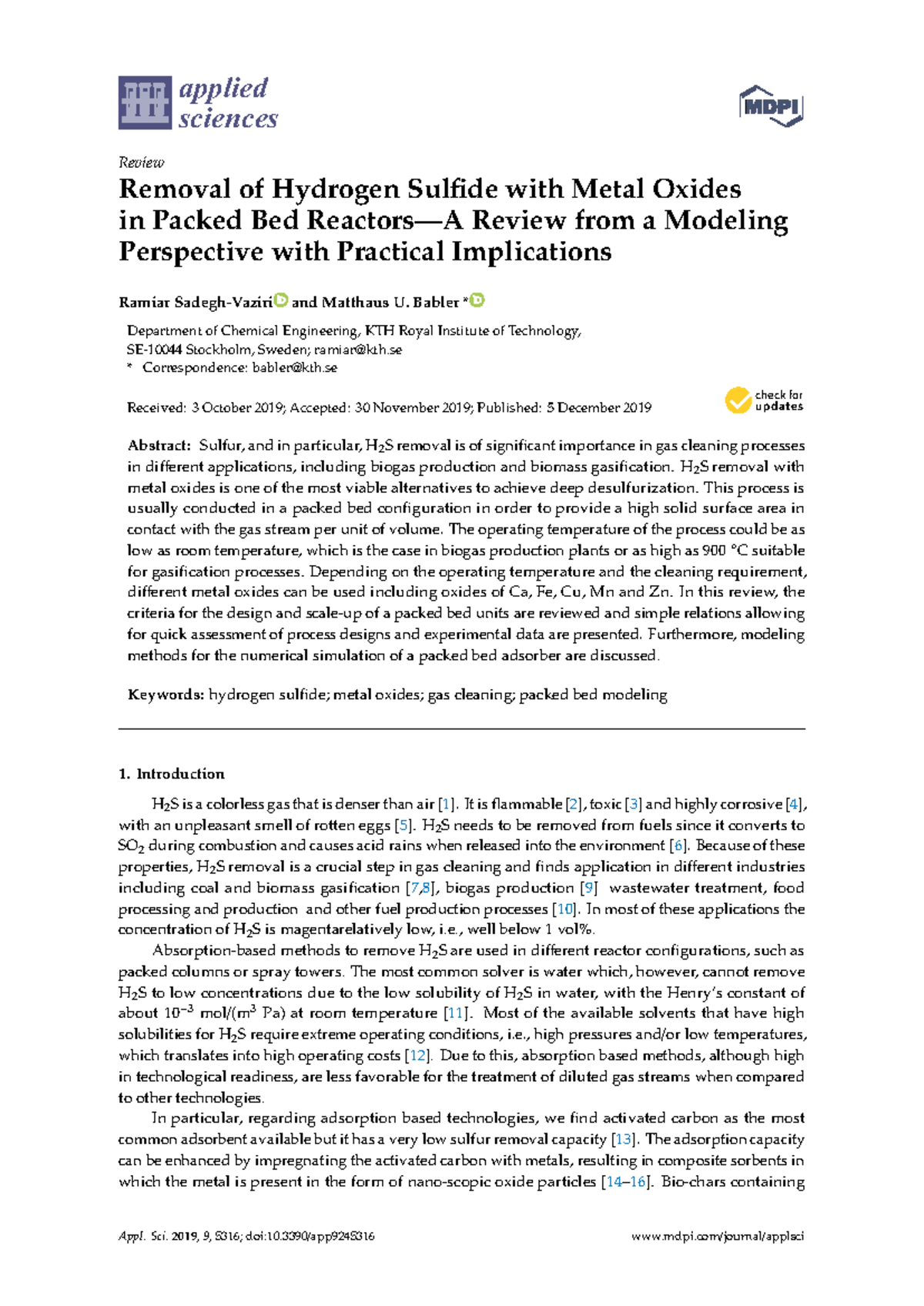 Appl. Sci. 2019, 9, 5316: Review on H2S Removal via Metal Oxides in ...
