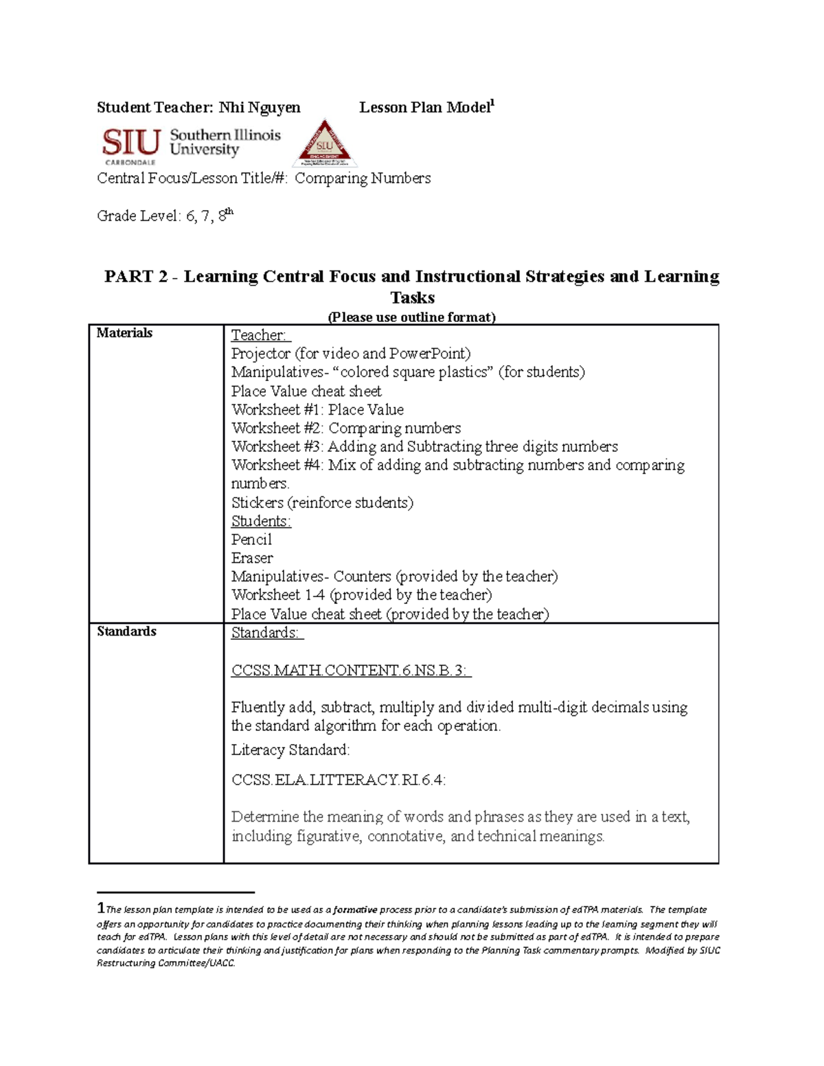 Lesson Plan for Comparing Numbers (Math Grade 6-8) - Studocu