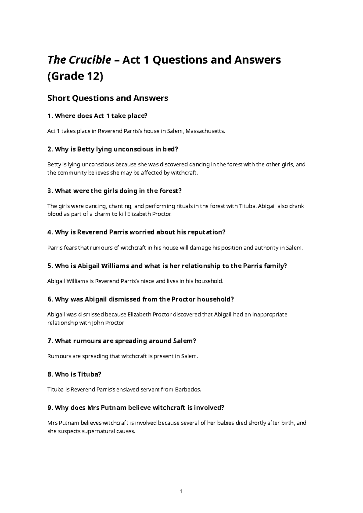 The Crucible Act 1 Grade 12 Study Guide and Q&A - Studocu
