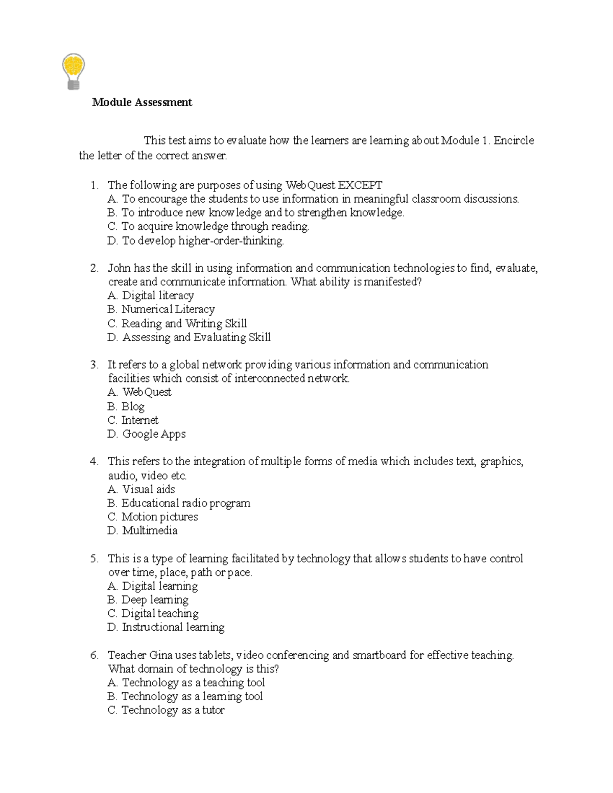 Module 1 Assessment - Evaluating Learning in Technology and Teaching ...
