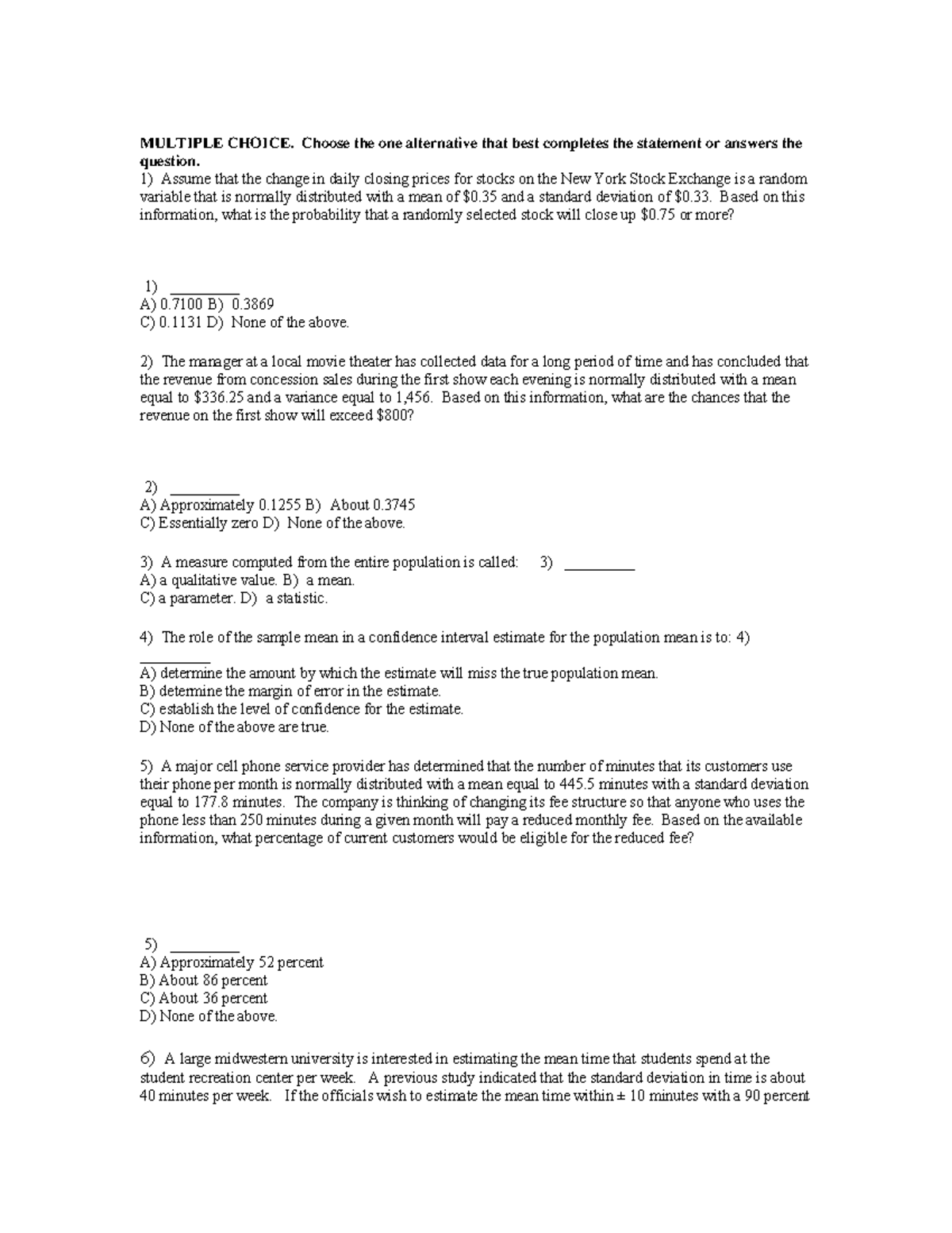 Statistics Exam Notes (STATS 101) - Multiple Choice & Short Answer ...