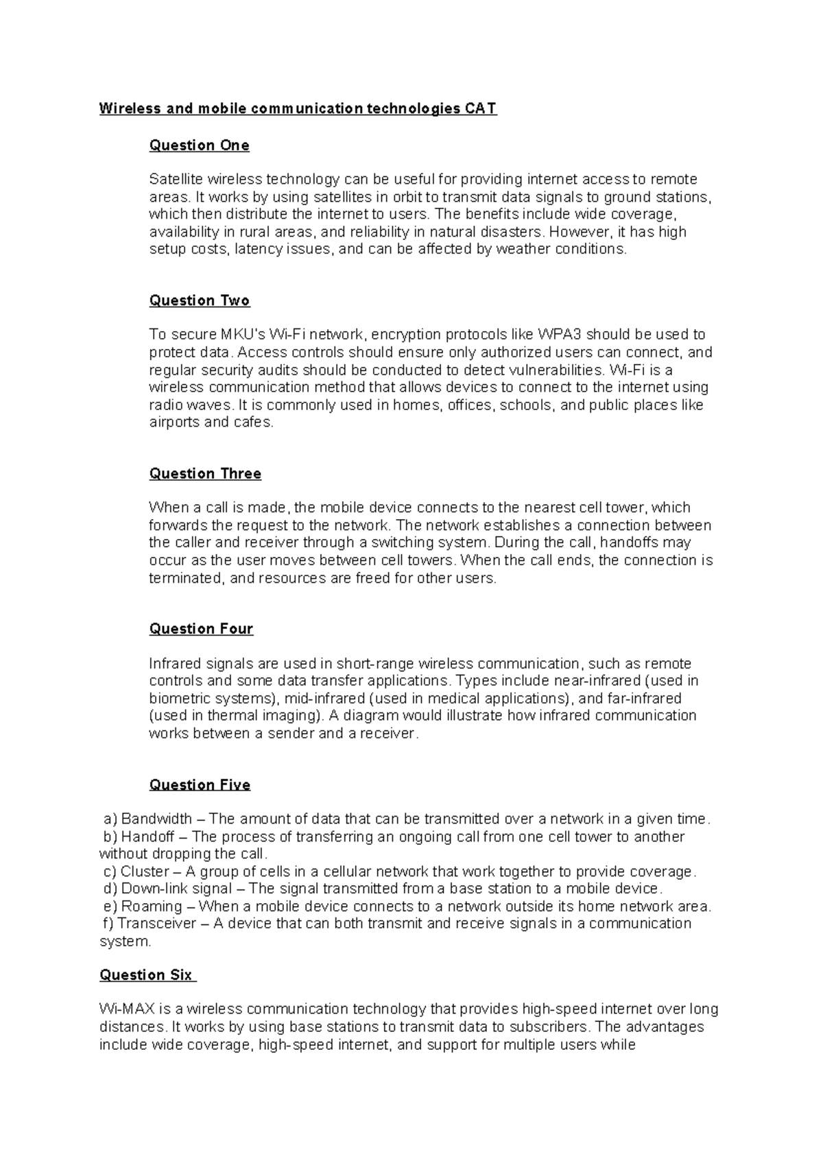 Wireless & Mobile Communication Technologies CAT Exam Notes - Studocu