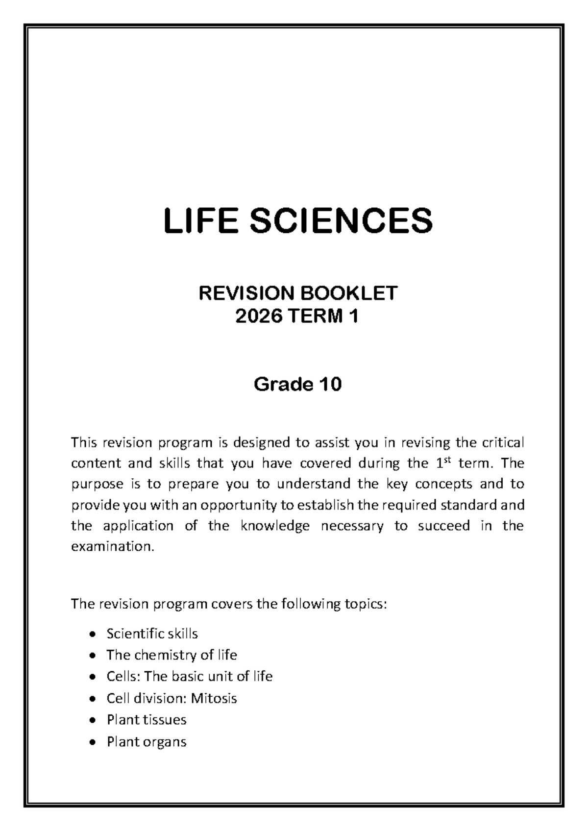 SWW Life Sciences Grade 10 Revision Booklet Term 1 2026 - Studocu