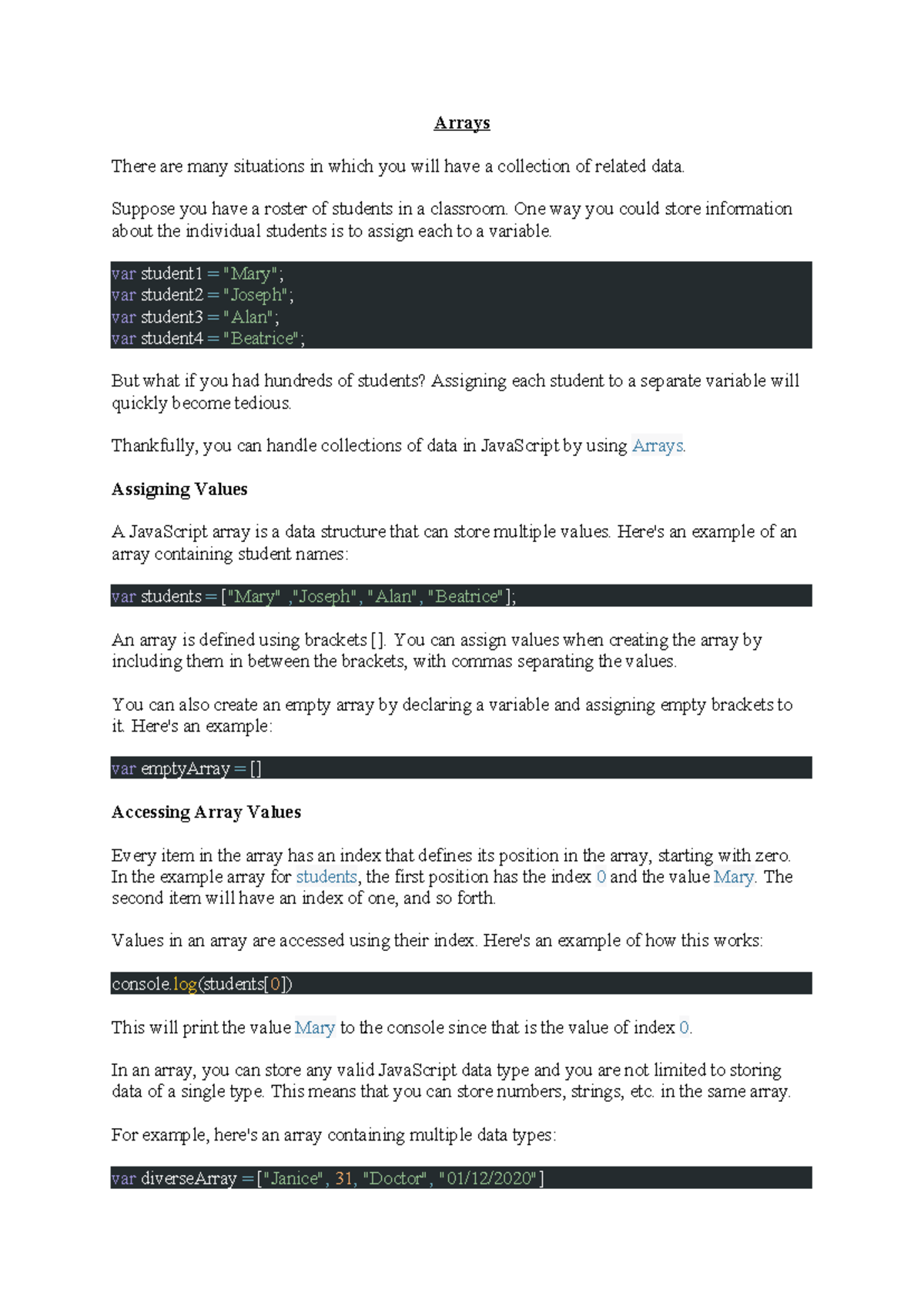 JavaScript Arrays: Understanding Data Structures and Accessing Values ...