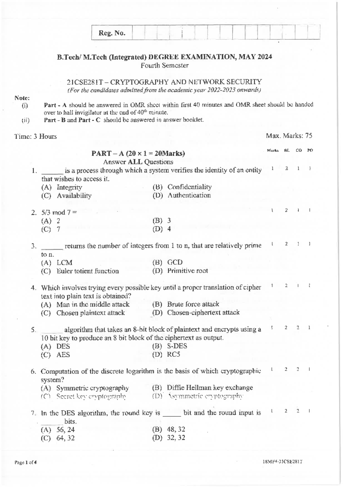 NSC 3 - Practice Paper for 21CSE281T Cryptography & Network Security ...