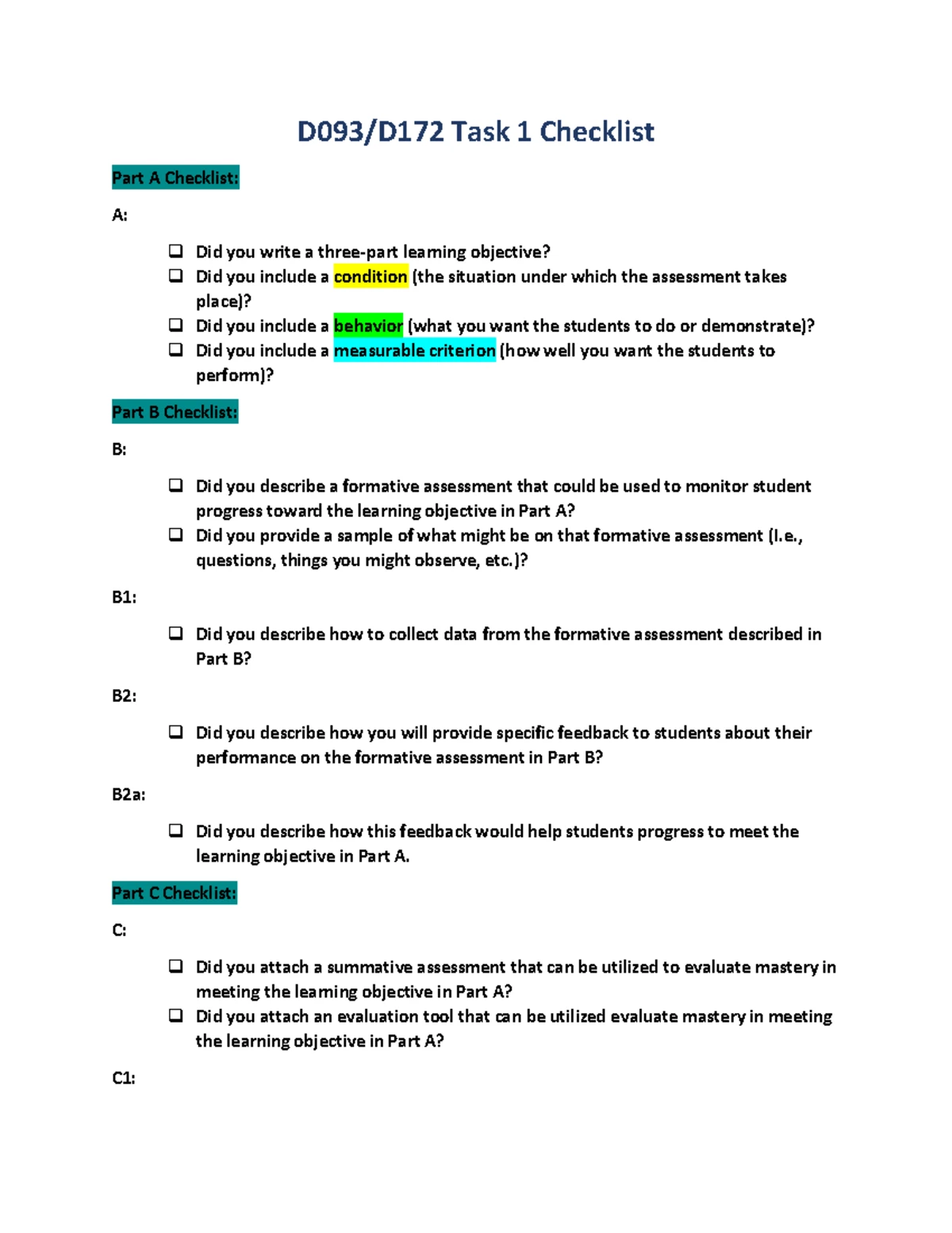 D172 task1 - Passed on first try. - D172- Assessing Student Learning ...