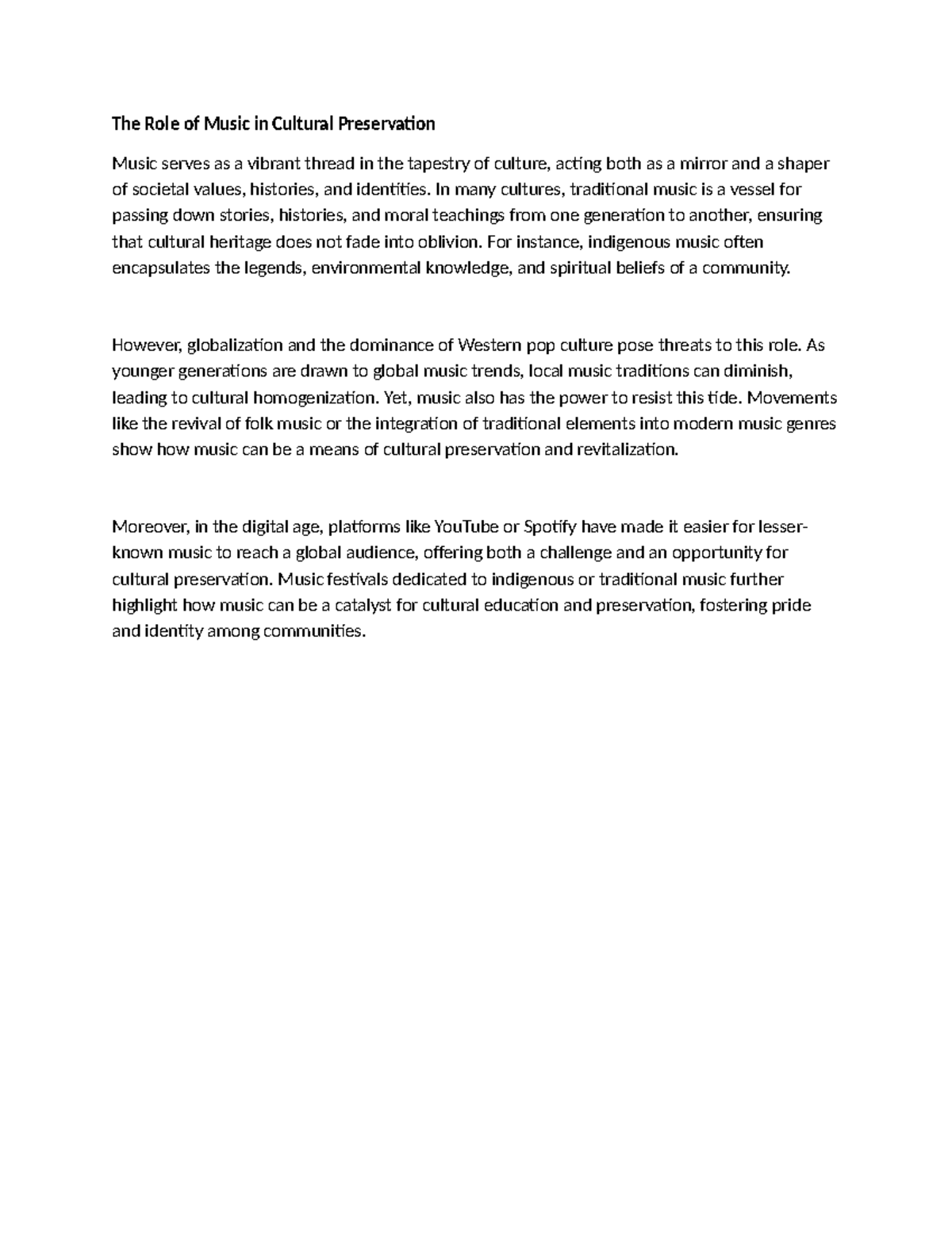 The Role of Music in Cultural Preservation: An In-Depth Analysis - Studocu