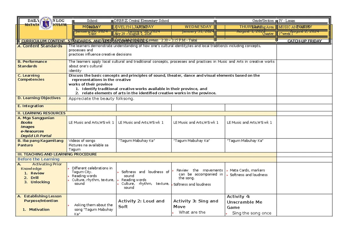 Q1 DLL Matatag PE & Health Lesson Plans for Week 9 - Studocu