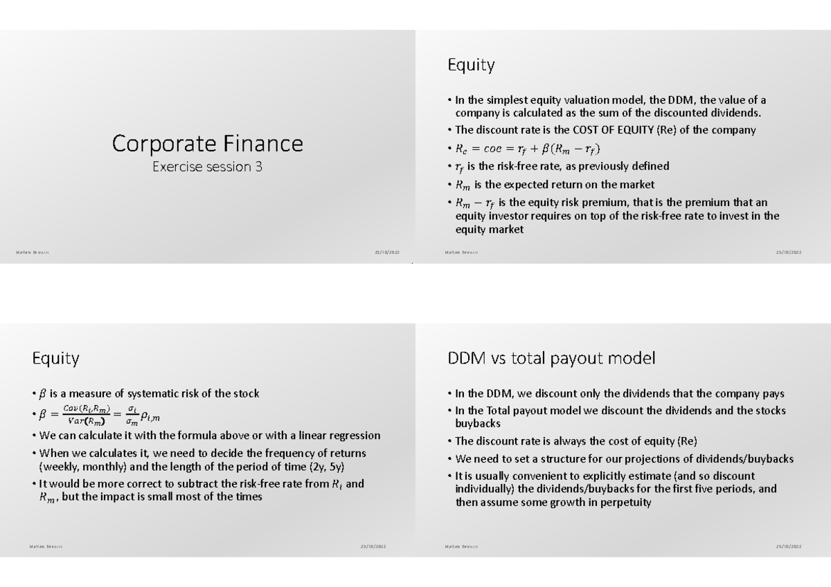 Corporate Finance 3: Equity Valuation Models and Exercises - Studocu
