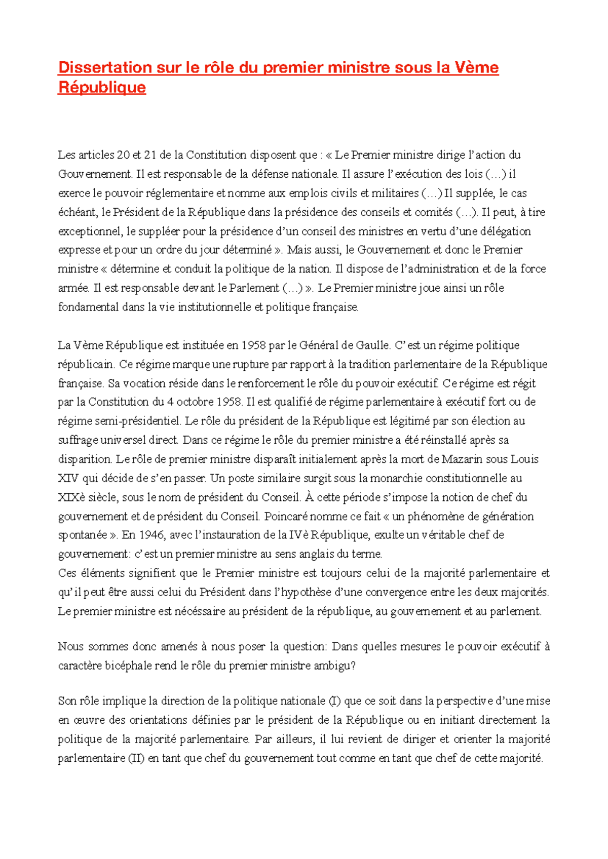 Dissertation sur le rôle du Premier ministre sous la Vème République ...