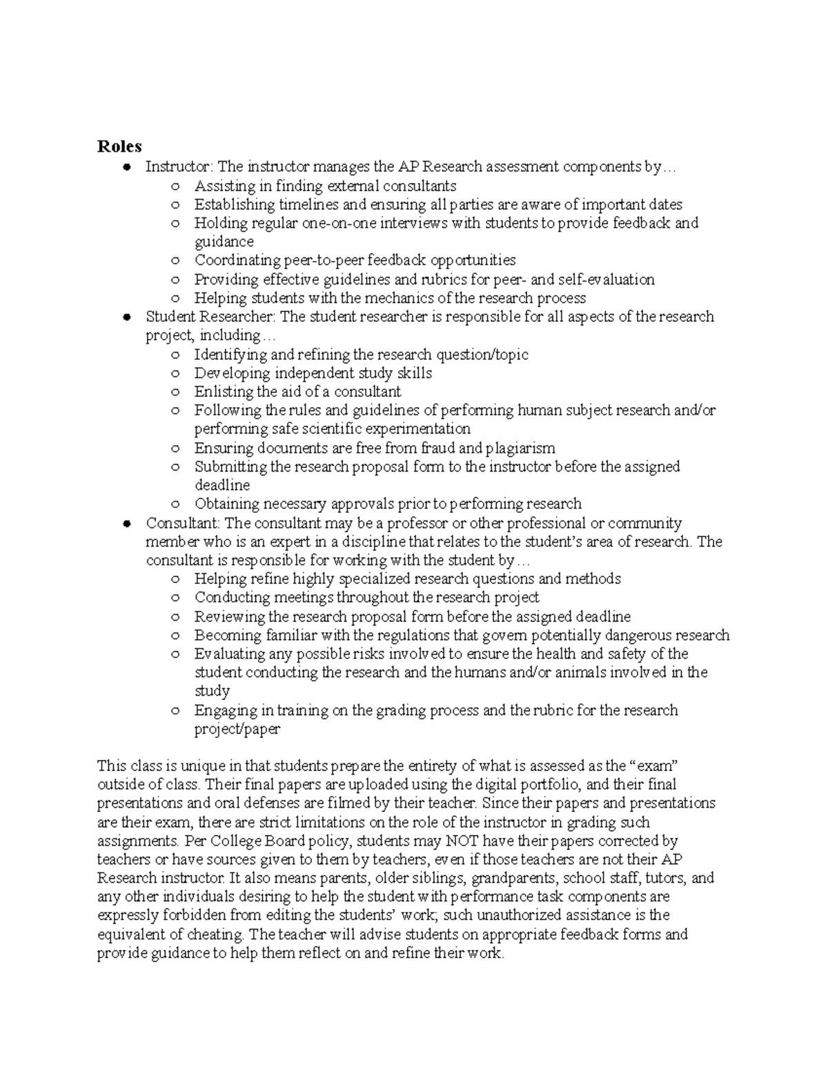 AP Research Syllabus: Roles of Instructor, Student, and Consultant ...