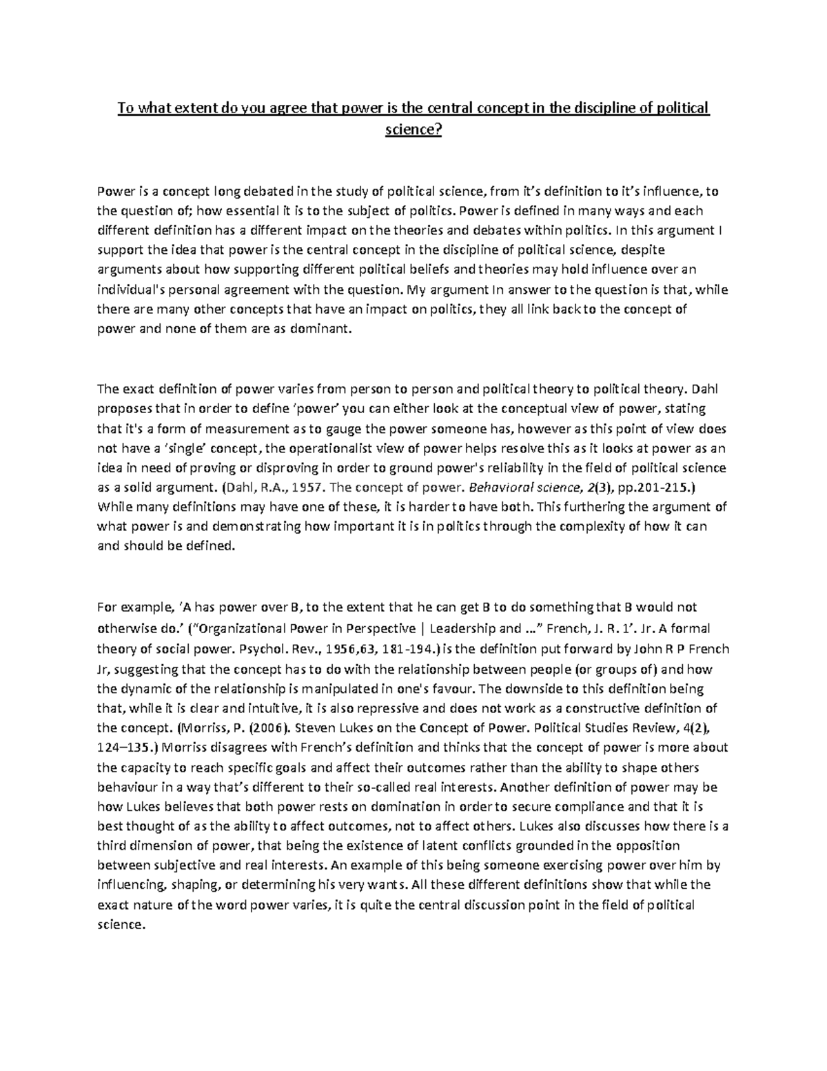 Power as the central concept in political science - To what extent do ...